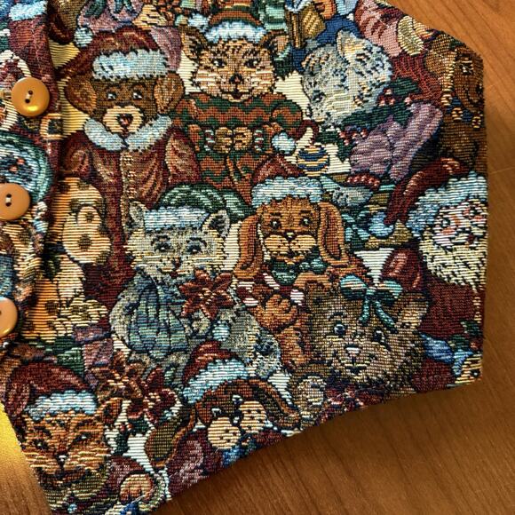 Vintage Facets Christmas Animals Vest Tapestry Santa, Bear, Puppy, Kitten Size S - Picture 12 of 14